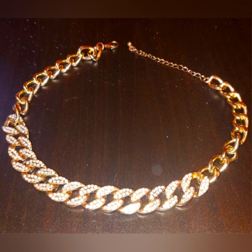 Gold Crystal Cuban Link Necklace - Women's Fashion Jewelry